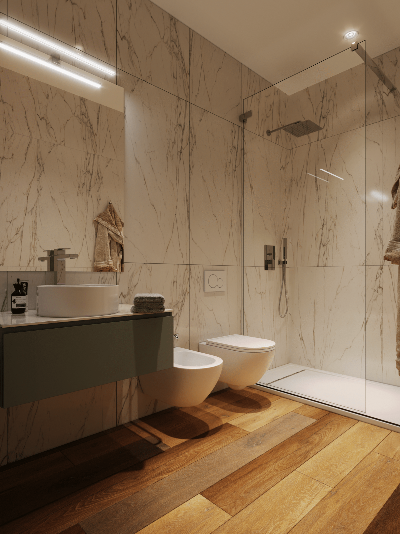 Interno dell’appartamento Zuccoli 6 – soggiorno moderno e luminoso. Bagno