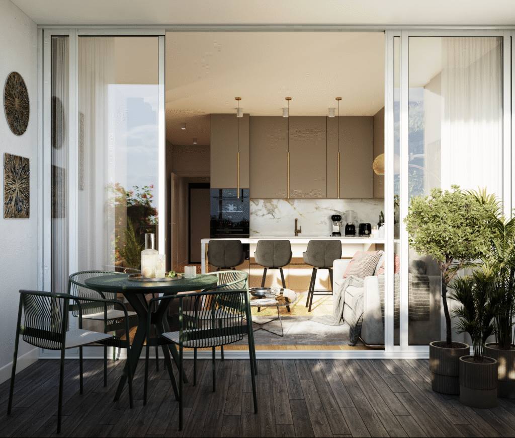 Interno dell’appartamento Zuccoli 6 – soggiorno moderno e luminoso. Loggia