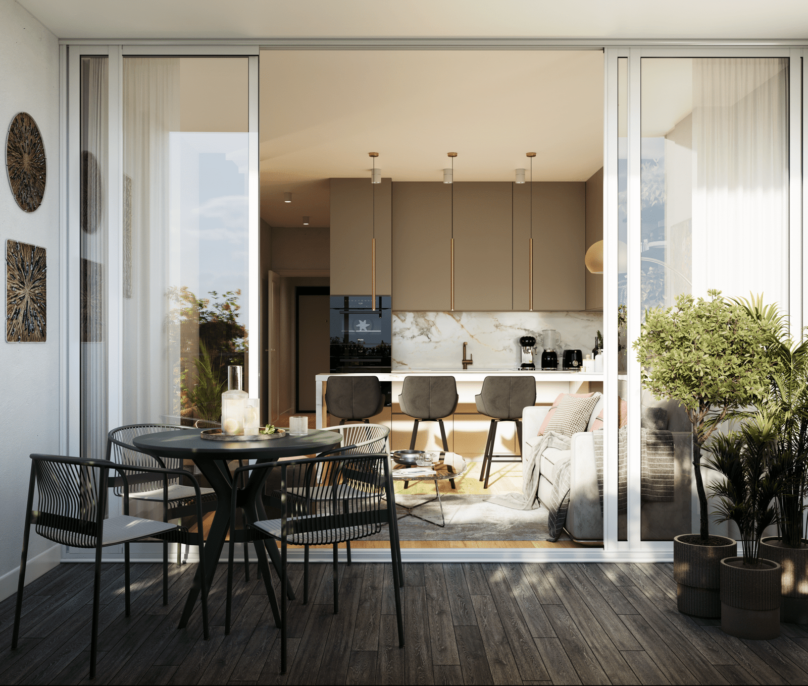 Interno dell’appartamento Zuccoli 6 – soggiorno moderno e luminoso. Loggia