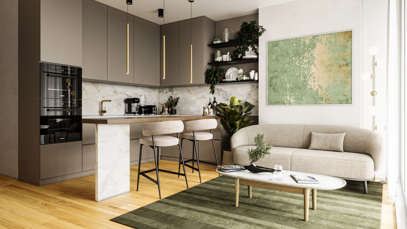 Interno dell’appartamento Zuccoli 6 – soggiorno moderno e luminoso. Soggiorno