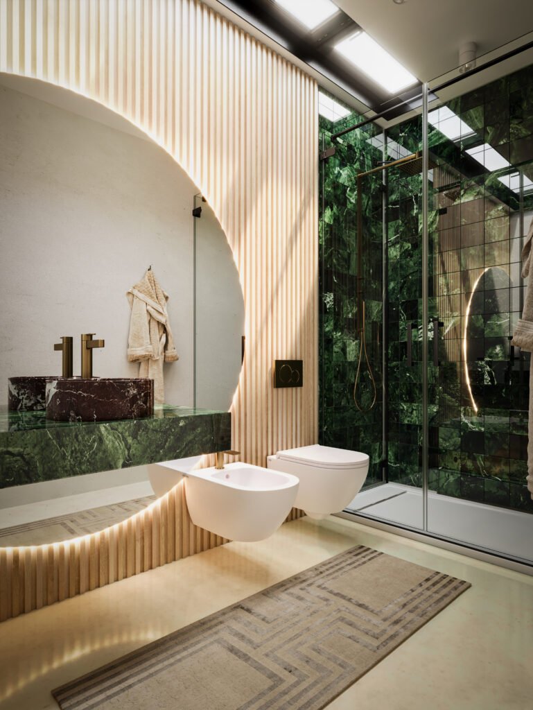 Interno dell’appartamento Zuccoli 6 – soggiorno moderno e luminoso. Bagno