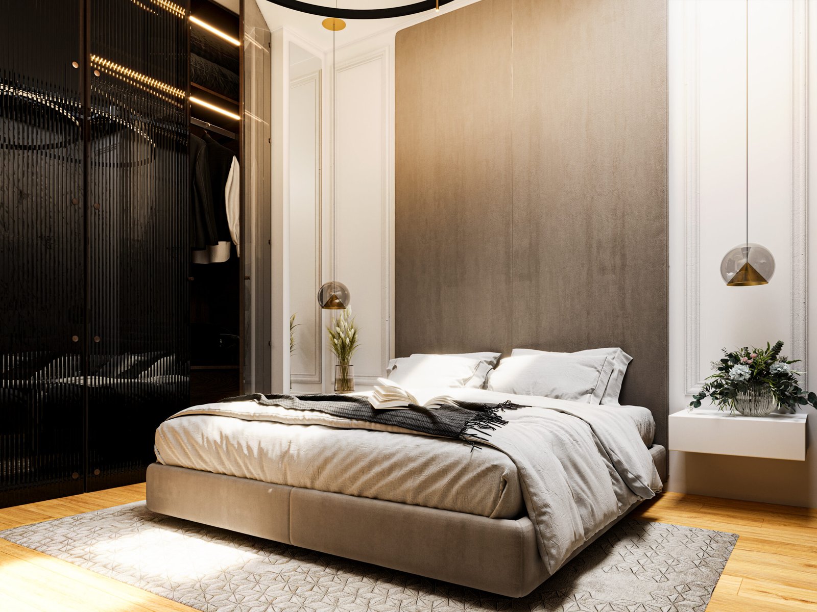 Interno dell’appartamento Zuccoli 6 – soggiorno moderno e luminoso. Letto